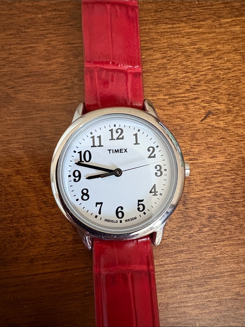 Timex Silver Case Watch with Red Leather Strap